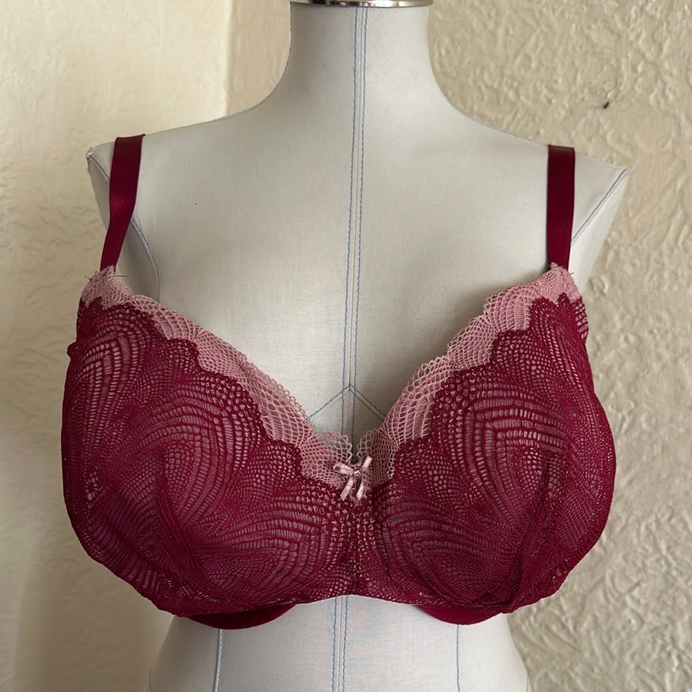 Cacique Lane Bryant Lightly Lined Balconette Bra Deep Pink Lace